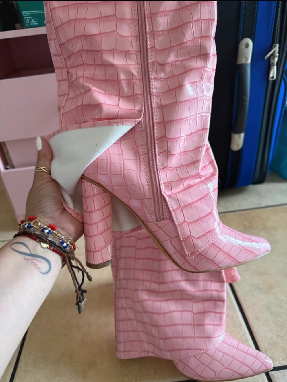Pink Croc-Embossed Knee Boot - Women - Picture 4 of 6